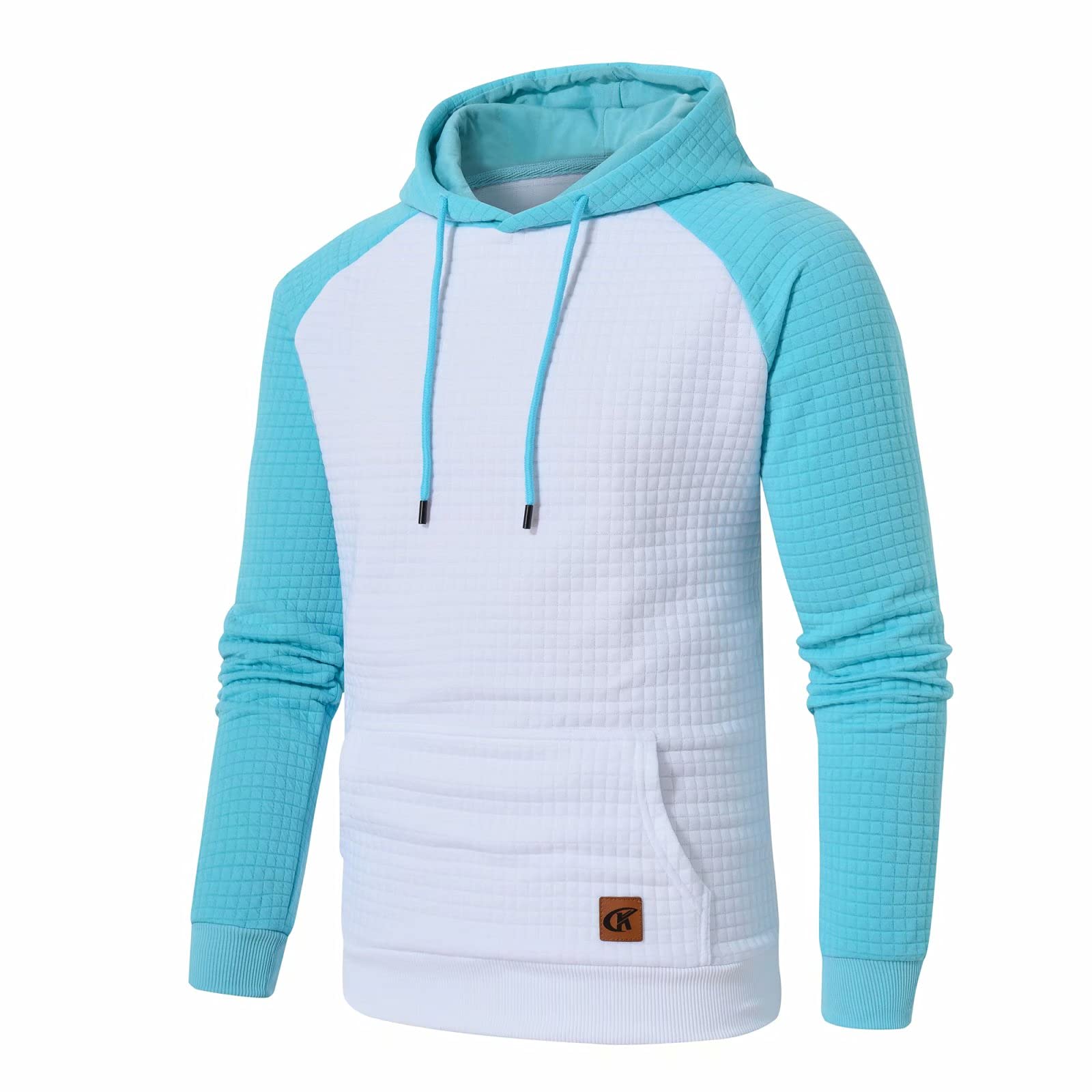 Pullover con cappuccio da uomo Plaid Jacquard manica lunga coulisse Hipster Casual Felpe con cappuccio con tasche Kanga, bianco/azzurro., Small