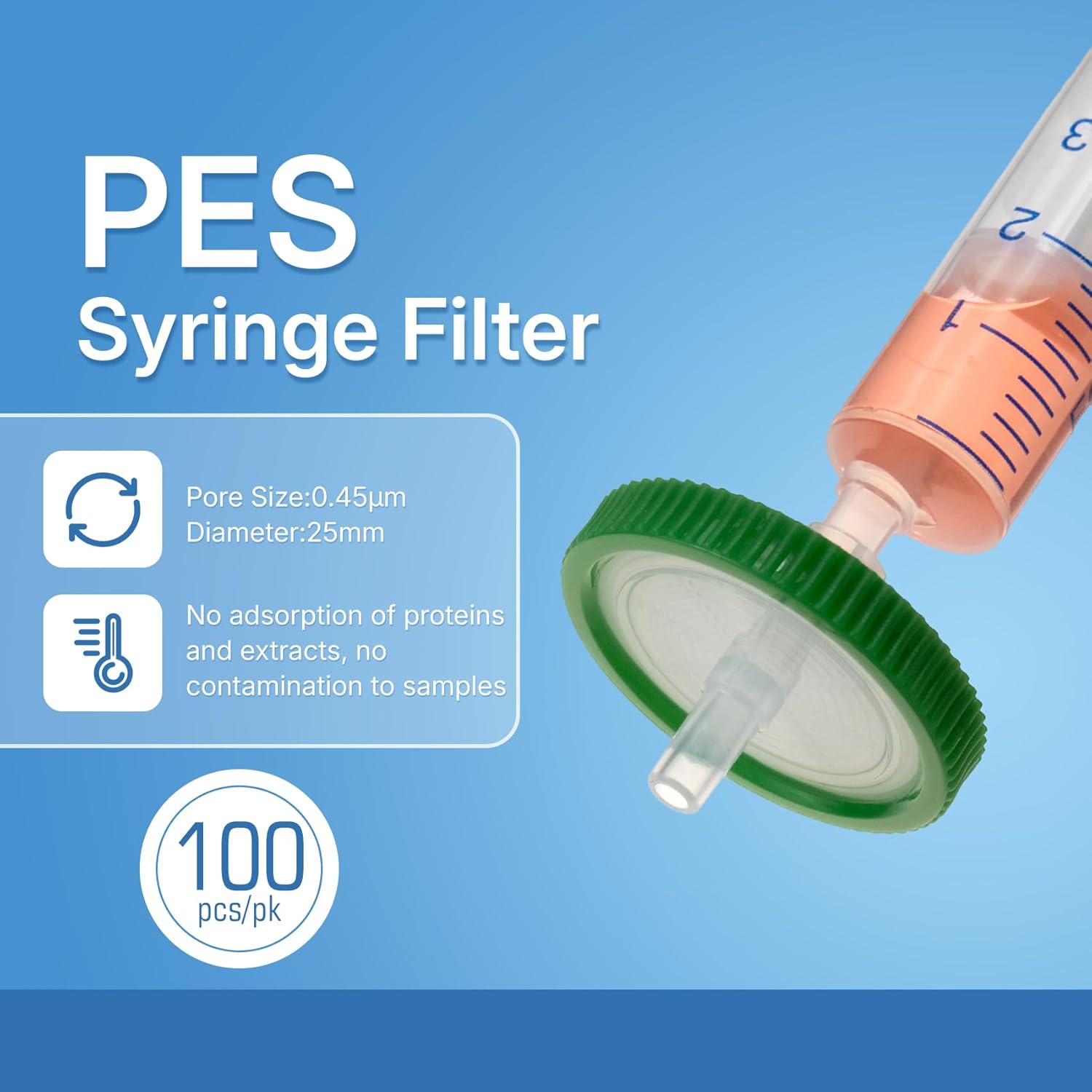 Syringe Filters Hydrophilic PES 25 mm 0.45 um Non Sterile 100/pk