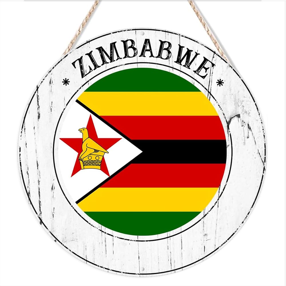 Zimbabwe Flag Rustic Round Hanging Wood Sign Zimbabwe Country Souvenir Gift Retro Wall Decoration Plaques National Flag Welcome Sign Wooden Plaques Hanging for Home Farmhouse Wall Decor 12"x12"