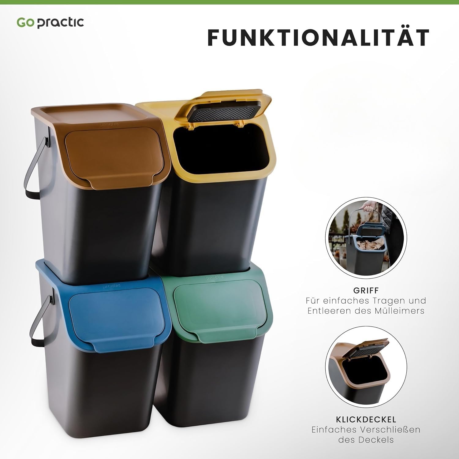 Küchen Mülleimer 2x 25L Schwarz mit Deckel, für Gemischte Abfälle, Mülltrennsystem für Recycling, Abfallbehälter zur Trennung, Click-Funktion, Kunststoff Abfallbehälter zur Mülltrennung