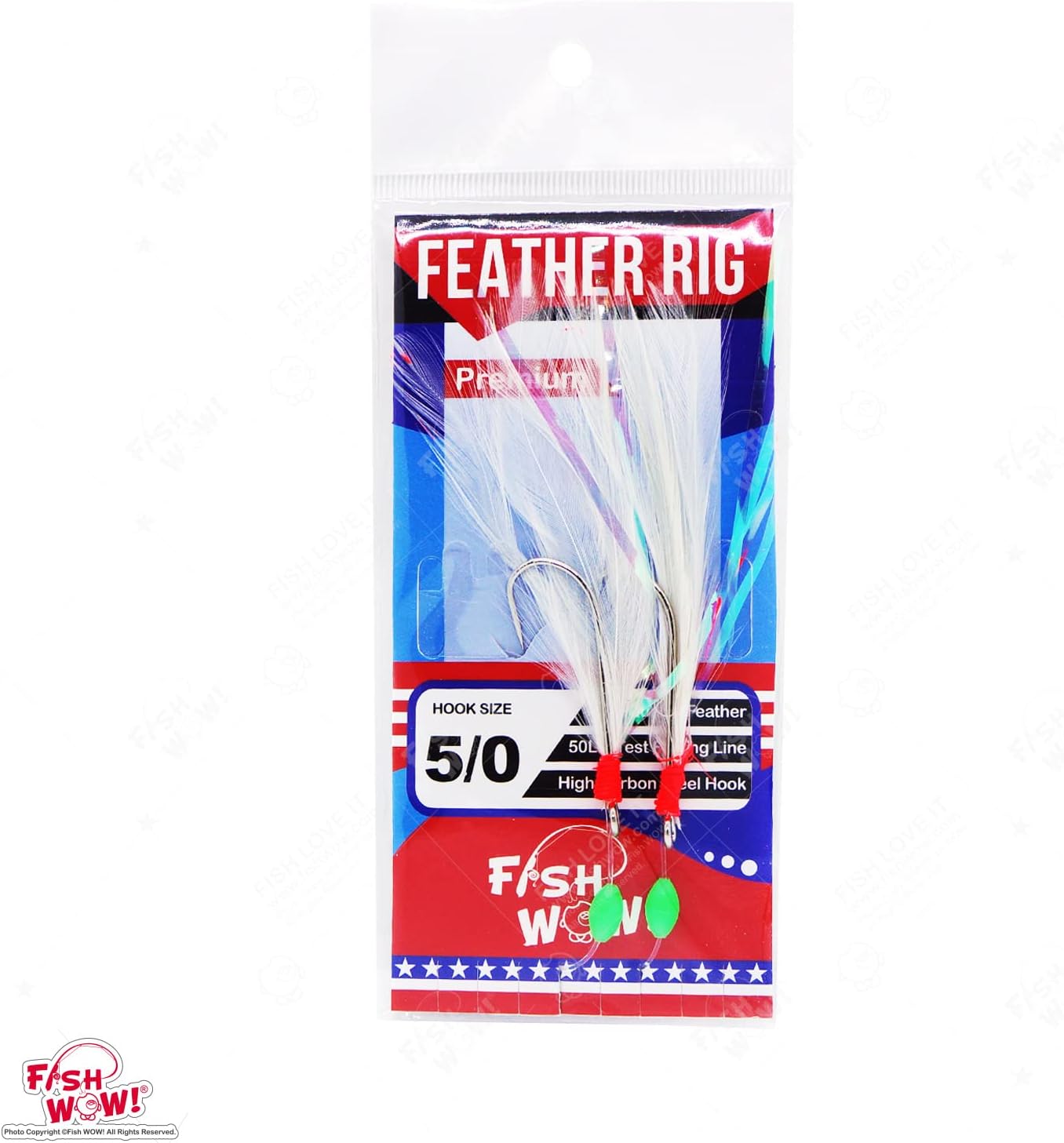 20 Packs Fish WOW!® Fishing Feather Rig Rockfish Rigged with 5/0 Two Hooks - White