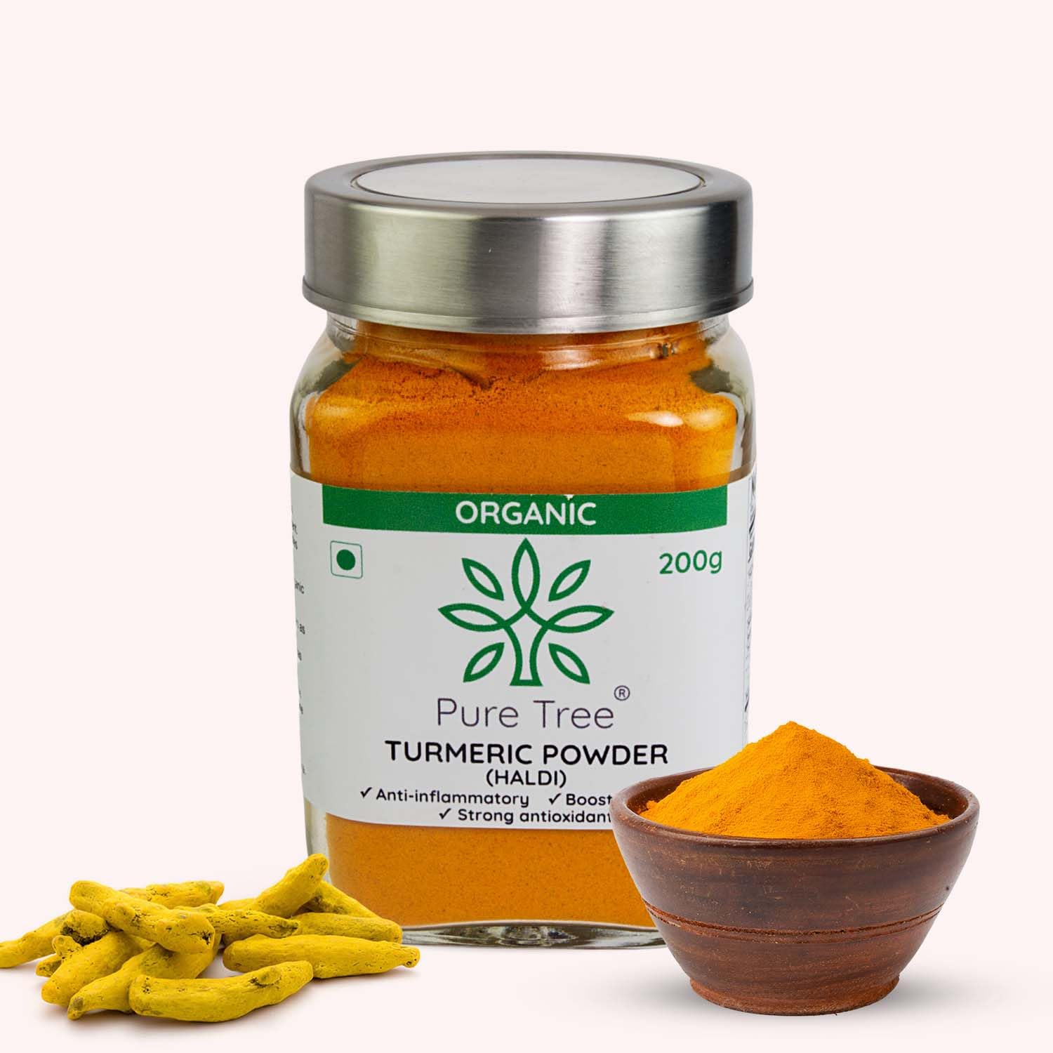 Pure Tree Certified Organic Haldi Powder | 200 g | Glass Jar | Turmeric Powder | Organic Spice Masala Powder | Turmeric Raw | Strong Antioxidant | Turmeric Powder for Milk