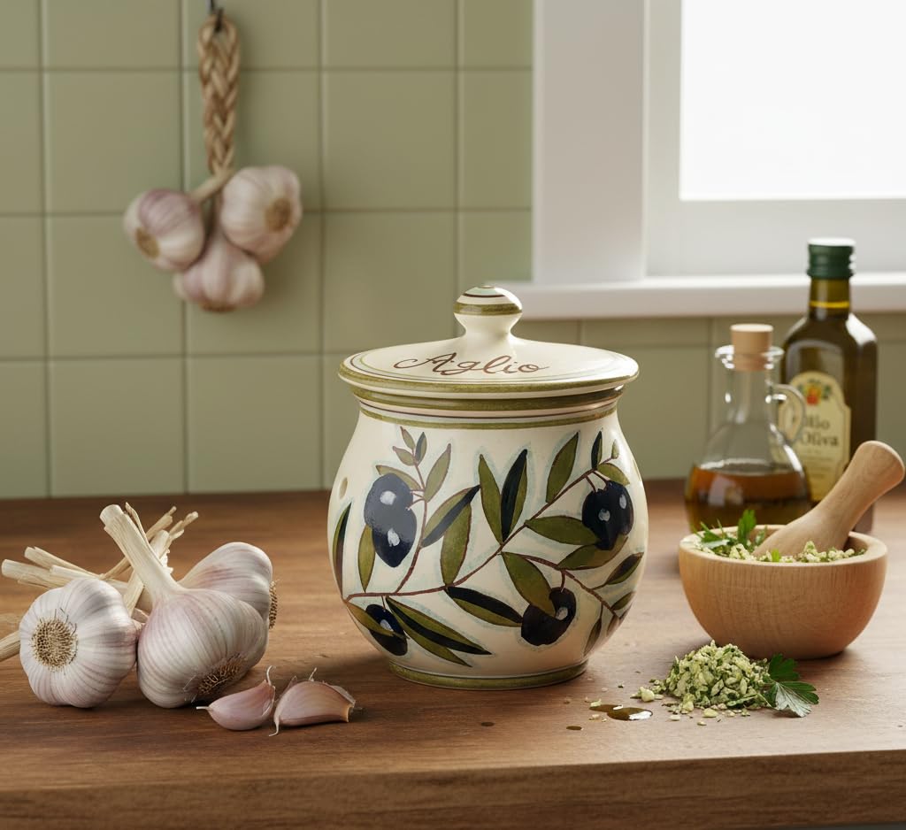 CERAMICHE D'ARTE PARRINI- Italian Ceramic Garlic Brings Jar Holder Hand Painted Made in ITALY Decorated Olives Country Tuscan Art Pottery