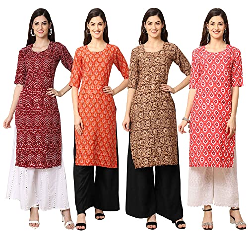 Image of Pinkmint Women's Crepe Digital Print Straight Kurta [Pack of 4] (CCV-334-338-339-335)