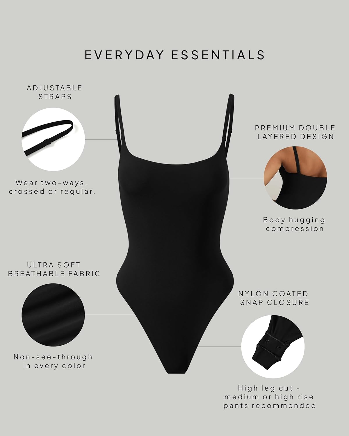 PAVOI ACTIVE Square Neck Cami Bodysuit for Women Adjustable Spaghetti Strap Bodysuit Double Lined Thong - Everyday Essentials - Image 3