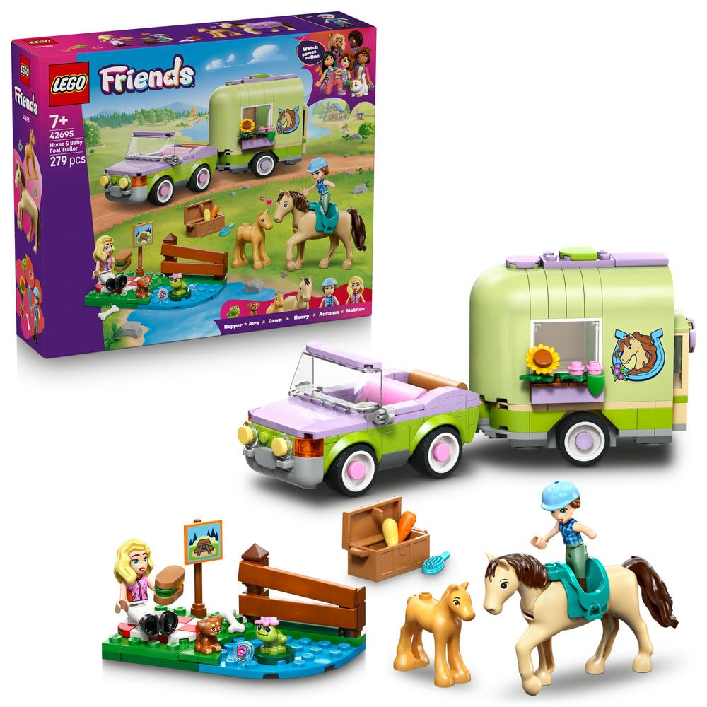 LEGO Friends Przyczepa z koniem i źrebaczkiem, zabawka dla dzieci z 2 minilaleczkami i figurkami zwierząt, kreatywne klocki na prezent dla 7-latki, dla dziewczynki, chłopca, miłośniczki koni 42695