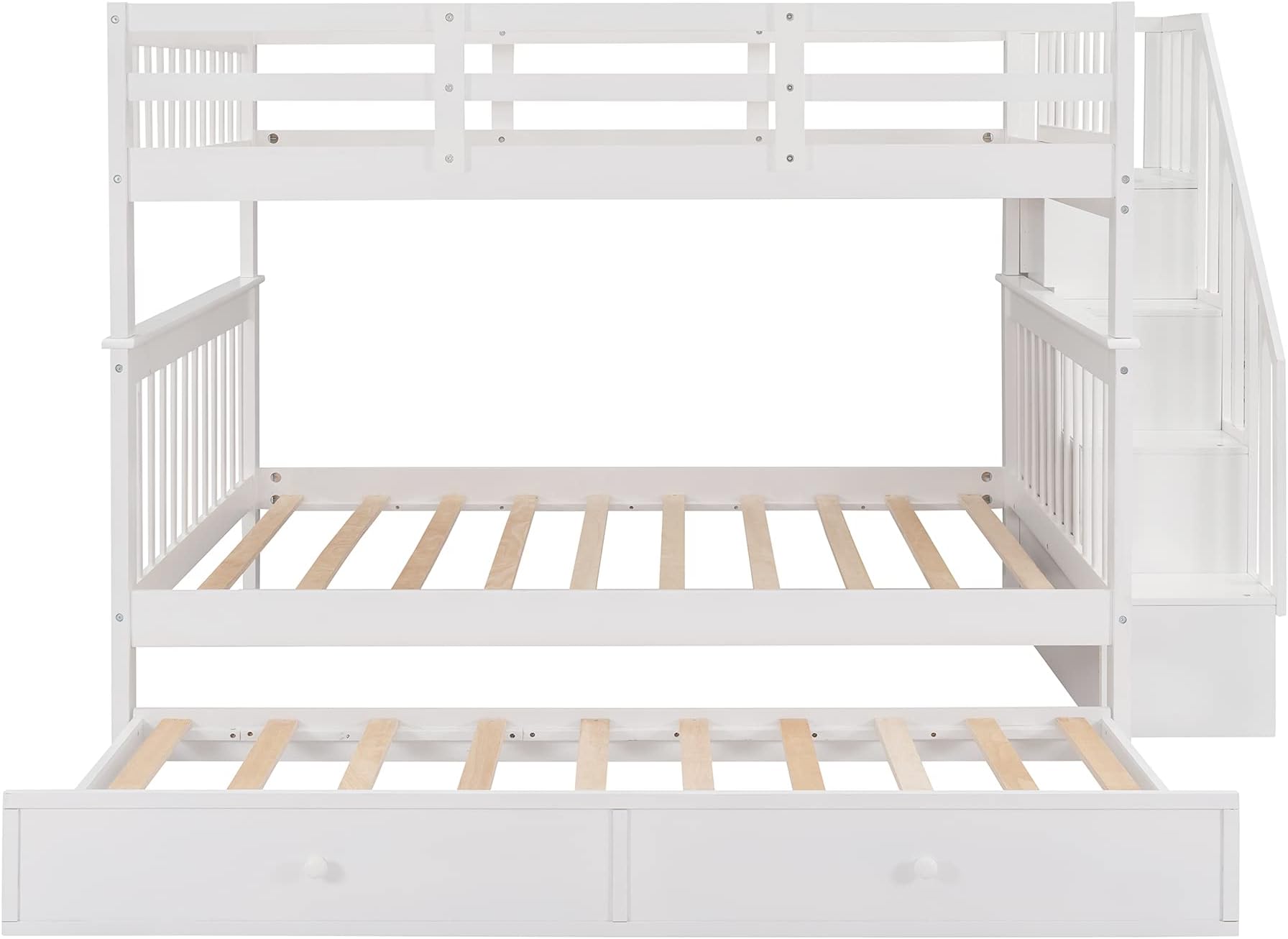 Harper & Bright Designs Full Over Full Bunk Bed Frame with Trundle and Stairs, Solid Wood Bunk Bed with Storage, for Kids Teens Adults - White