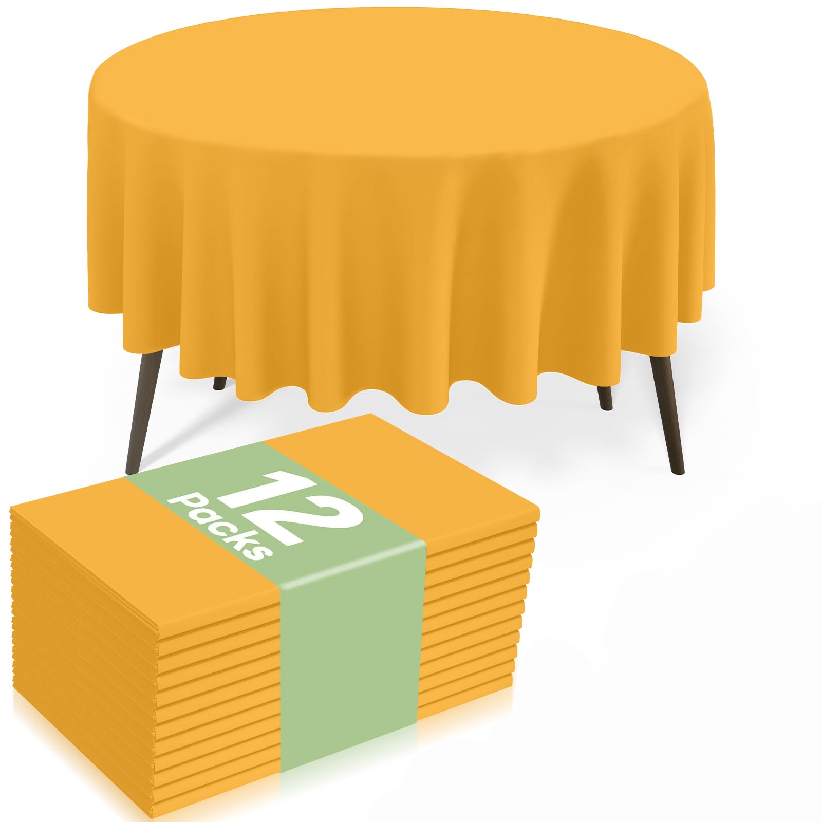 misaya 12 Packs Disposable Plastic Table Cloth, 84" Round Waterproof Tablecloth, Leakproof &amp; Sturdy Decorative Table Covers for Picnic, Party and Outdoor, Mustard Yellow