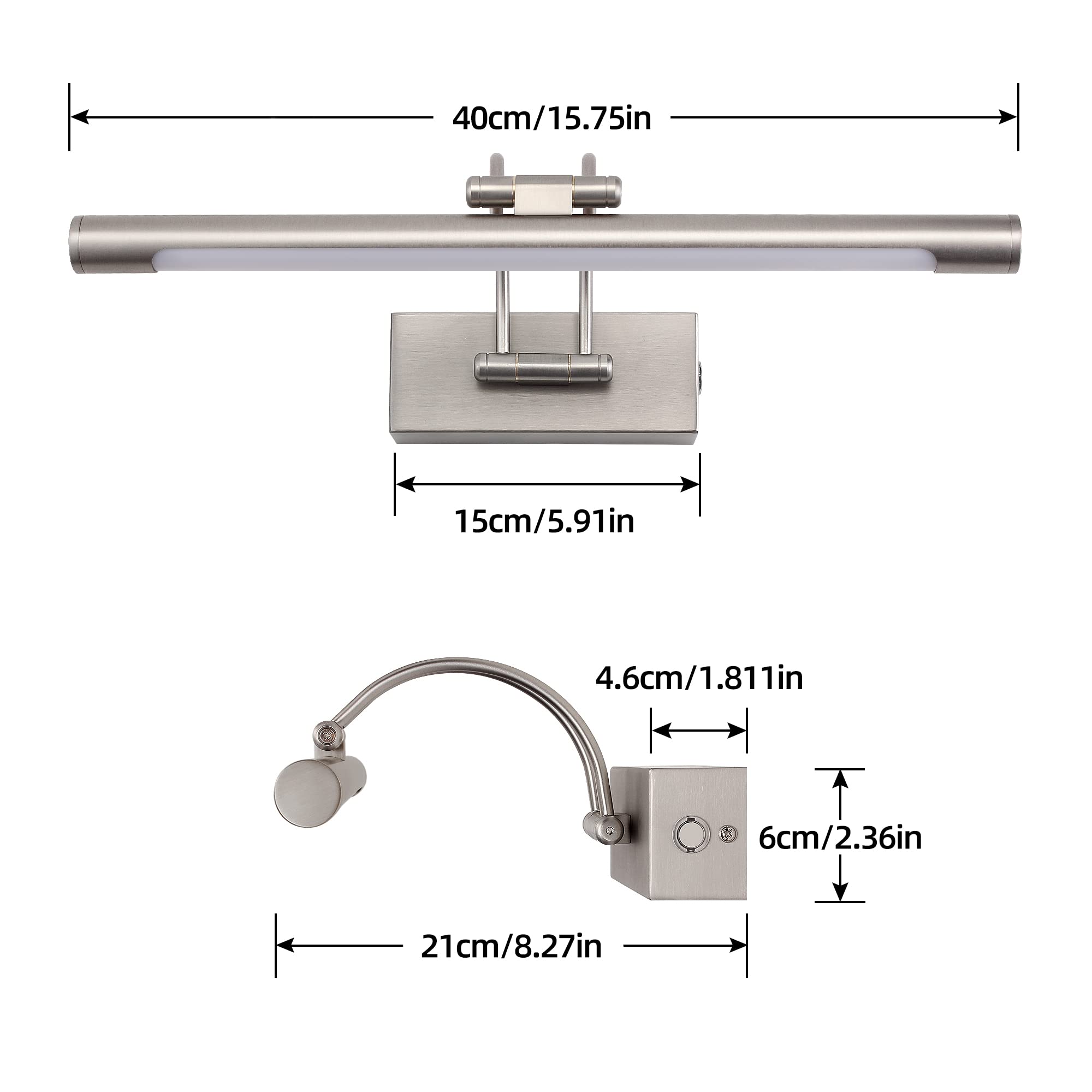 MantoLite Dimmbar Bild Wandleuchte 8w Nickel 40cm LED Badspiegel mit Drehbarem Lampenkopf 3000K/4500K/6000K