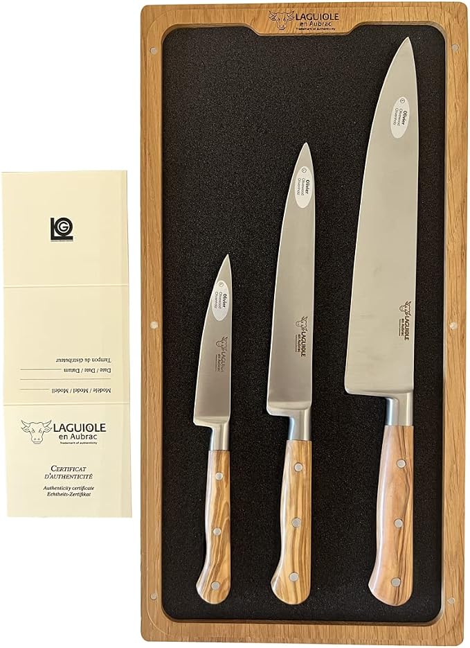 Laguiole en Aubrac Professional Stainless Fully Forged Steel Made In France Starter 3-Piece Premium Kitchen Knife Set With Olivewood Handles