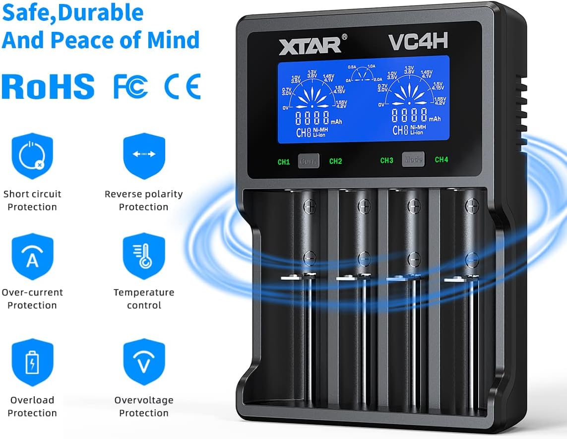 XTAR VC4H 4-Bay 21700 & AA/AAA Battery Charger - USB-C & QC 3.0 Adapter