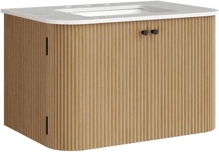 Modway Zia 30 Inch Wall-Mount Bathroom Vanity in Natural with Marble Sink Basin - Floating Bathroom Cabinet with Fluted Design