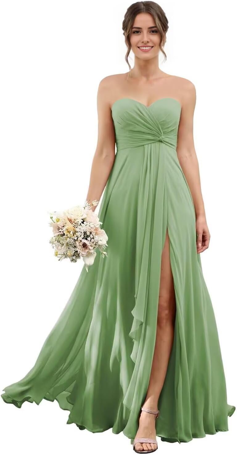 Sweetheart Chiffon Bridesmaid Dresses with Slit Long Pleated Prom Dress Strapless Formal Party Gowns