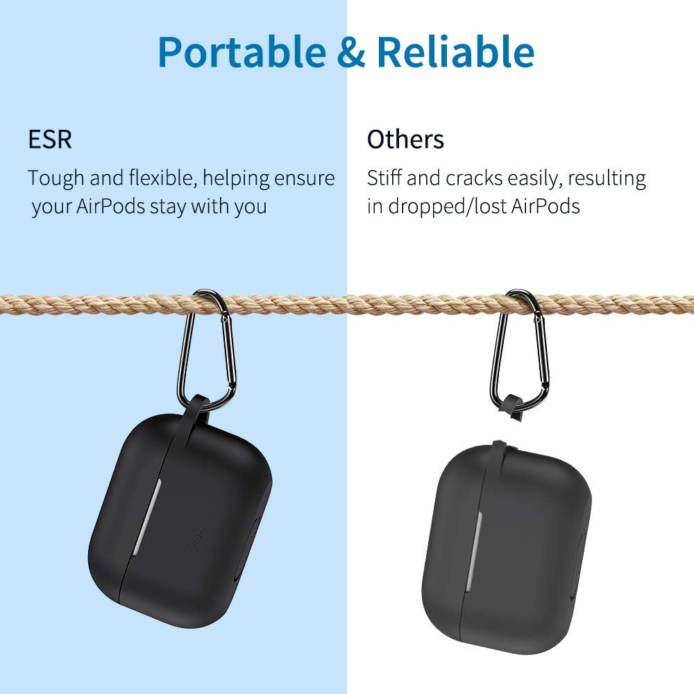 ESR Protective Case for Airpods Pro Case, Bounce Carrying Case with Keychain for AirPods Pro 2019, Visible Front LED, Supports Wireless Charging, Shock-Absorbing Silicone Cover, Soft Slim Skin - Black