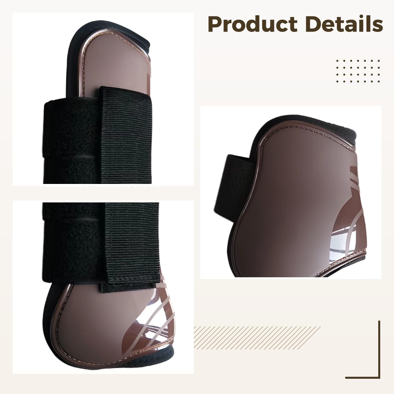 Pferdebeinschutz-Set, vorne offen und Streichkappen, PU-Sehnenstiefel, braun, Springen und Dressur, vorne 26,7 x 11,7 cm, hinten 15,9 x 12,4 cm, 4 Stück