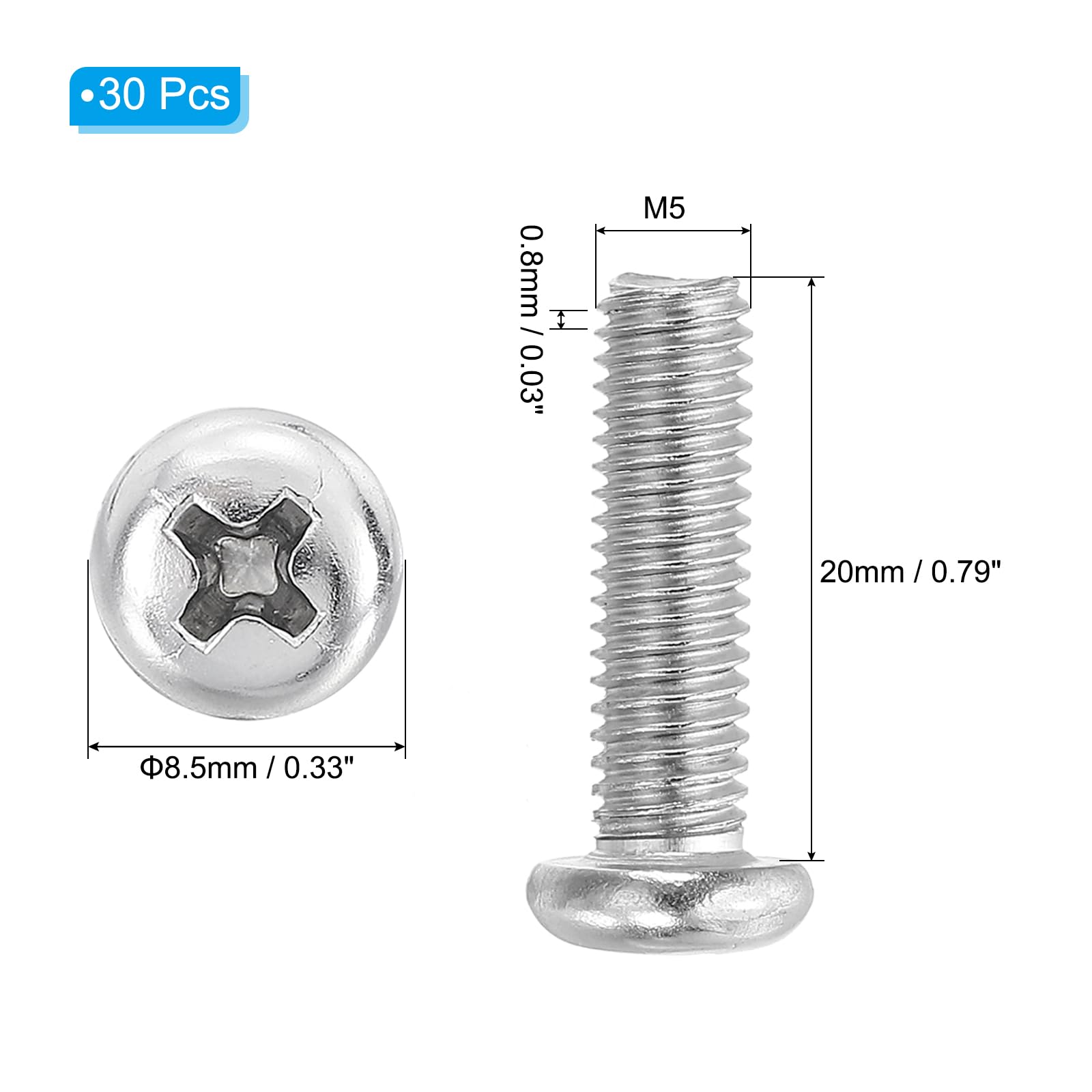 PATIKIL Phillips Pan Head Screws, 30 Pack M5-0.8 x 20mm 304 Stainless Steel 18-8 Full Thread, Pan Head Machine Phillips Drive Screw - Image 2