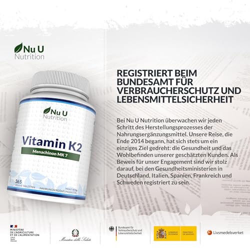 Vitamin K2 MK7 200µg - 365 Vegane Tabletten nicht Kapseln - 12 Monate Vorrat - 200mcg pro Tablette - Vit K2 MK-7 Menaquinon Hochdosiert - Nu U Nutrition