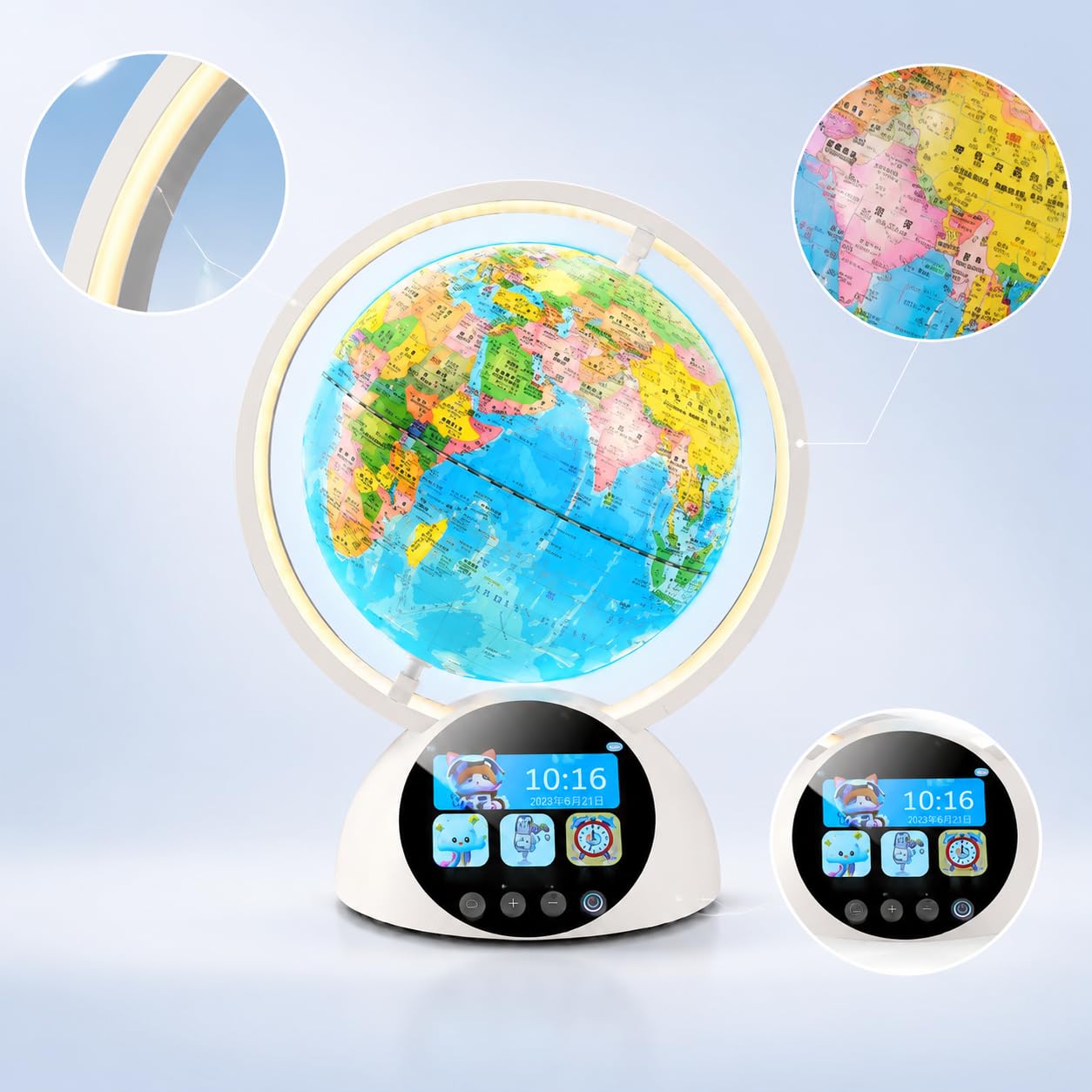 er Globe für Kinder, Lernspielzeug mit Touchscreen, Nachtlicht & Weckerfunktion, Blauer Kinderglobus