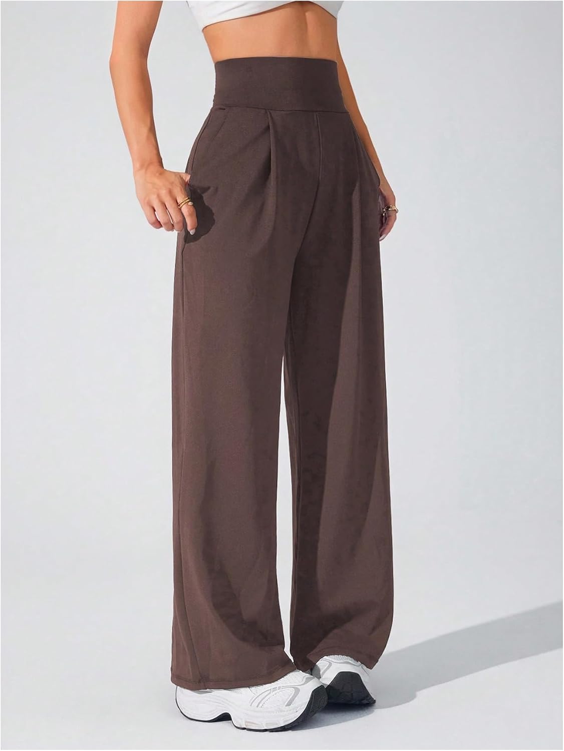 OYOANGLE Women's Wide Leg Yoga Pants Solid High Waist Lounge Pleated Dress Work Sweatpants with Pockets Light Brown Small - Image 3