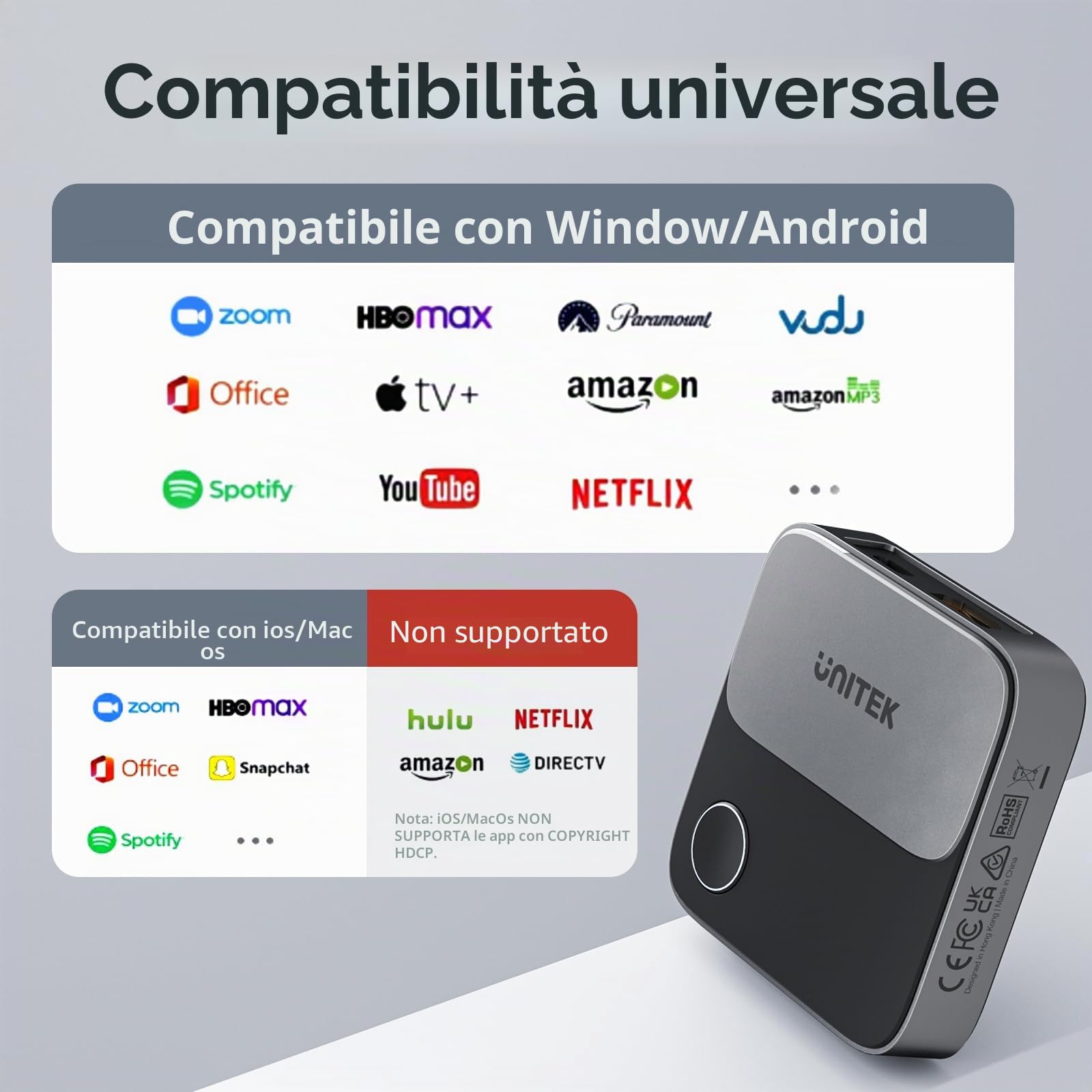 Unitek Dongle Adapter - HDMI Wireless 4K 5G Miracast/Airplay Wi-Fi per TV/Proiettore/Monitor, Schermo 4K a 60Hz DLNA