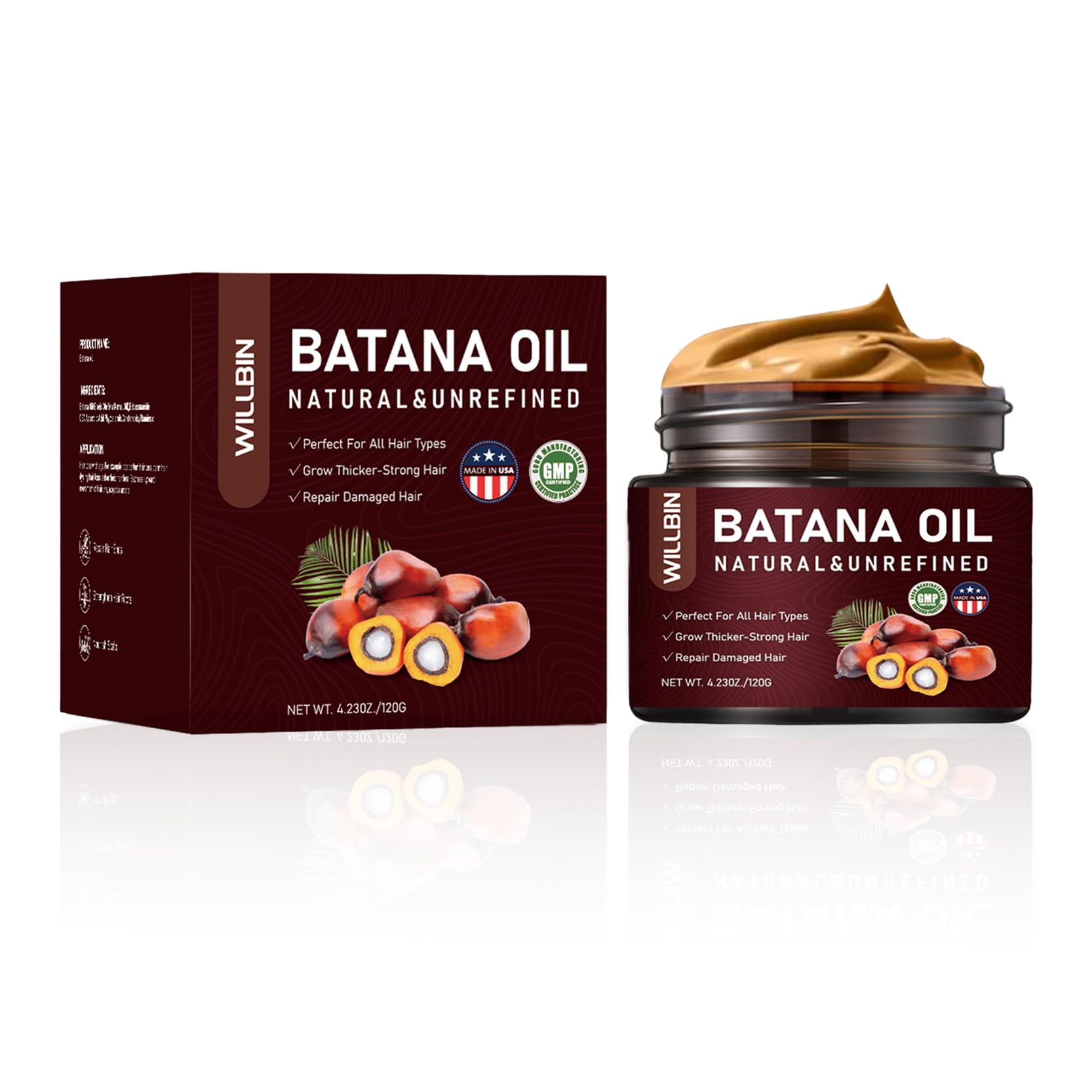 Willbin Batana Oil - 100% Natural Hair Growth & Repair Oil, Deep Moisturizing for Skin & Scalp, Promotes Thick & Shiny Hair, Repairs Damaged Hair, Hydrates Dry Skin - 4.23oz