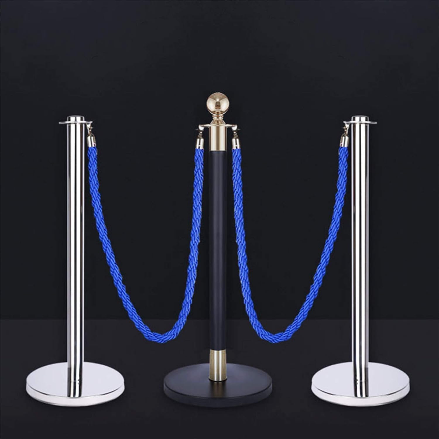 Adjustable Velvet Stanchions with Braided Hemp Rope Barrier, Queue Divider & Safety Barrier for Events, Party, Weddings - Blue & Gold, 7ft & 2ft Options