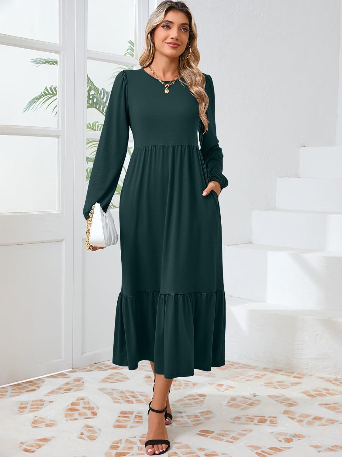 Women's Casual Long Sleeve Midi Dress 2024 Fall Crewneck A Line Tiered Flowy Loose Trendy Dresses with Pockets - Image 5