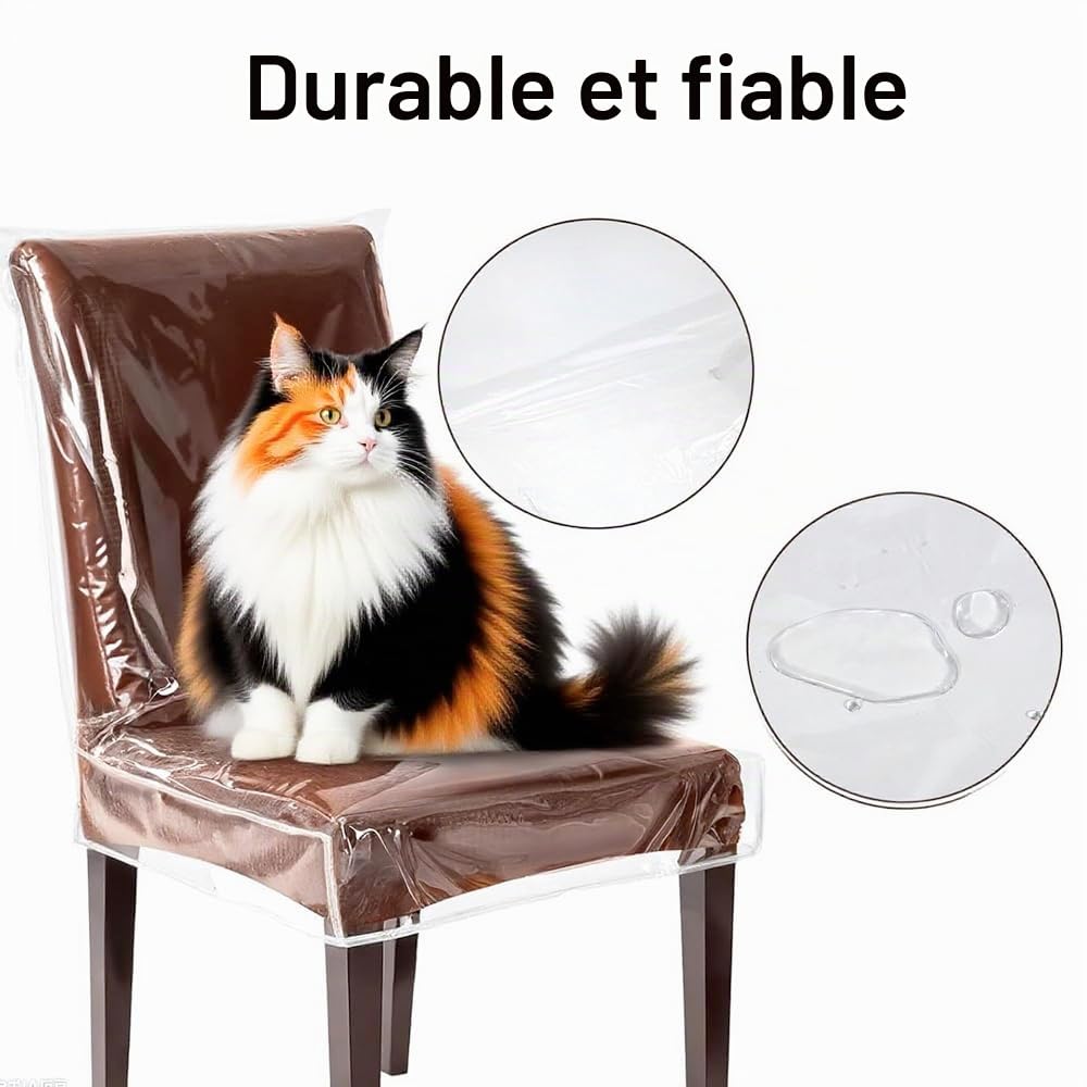 Lot de 4 housses de chaise de salle à manger transparentes en PVC imperméable, protège contre les griffures de chat/chien, les poils d'animaux, la poussière et les déversements (58 x 53 x 45 cm)