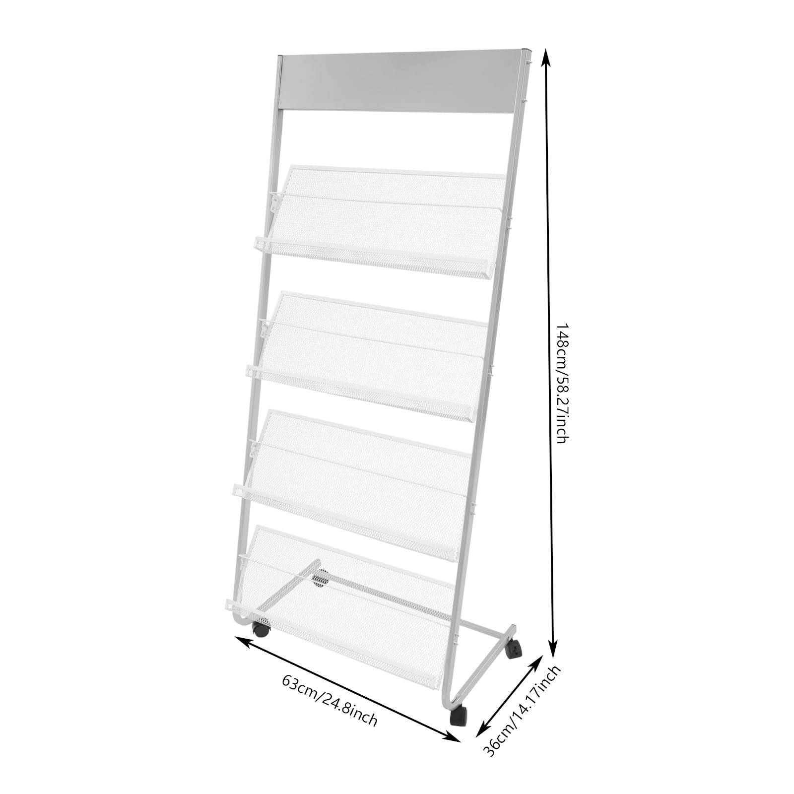 Revistero de 4 niveles con ruedas, soporte para revistas y folletos, 63x36x148 cm