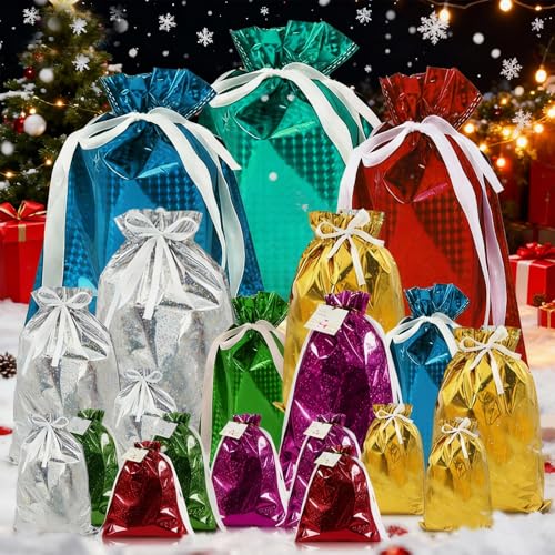 18 Stück Weihnachtssäcke Klein,Folie Weihnachtsbeutel Geschenkbeutel mit Kordelzug Einfarbig für Weihnachten,Wiederverwendbare Geschenktüten für Süßigkeiten Geschenke Weihnachten,Geburtstag Party