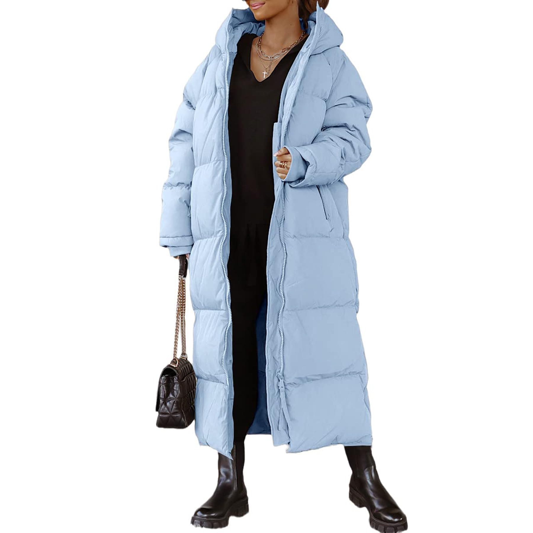 EsukAr Women Long Quilted Coat Hooded Maxi Length Long Sleeve Puffer Jacket Padded Coat Winter Outerwear,blue,XXL