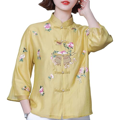 Women Chinese Floral Embroidery Shirt 3/4 Sleeve Frog Button Mandarin Collar Ethnic Cotton Linen Blouse Top