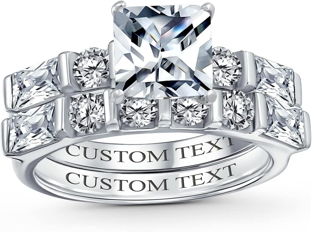 Personalized Traditional AAA CZ Baguettes Side Stones 2CT Square Princess Cut or Round Brilliant Solitaire Anniversary Engagement Wedding Band Ring Set For Women .925 Sterling Silver Customizable