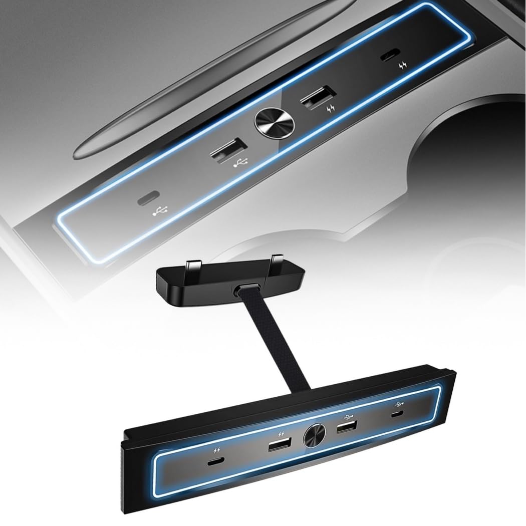 Hub USB para Tesla Model 3 y Model Y 2021 2022 2023, base USB de 4 puertos para adaptador de consola central Tesla, estación de acoplamiento multipuerto con luz LED para carga de coche y transmisión