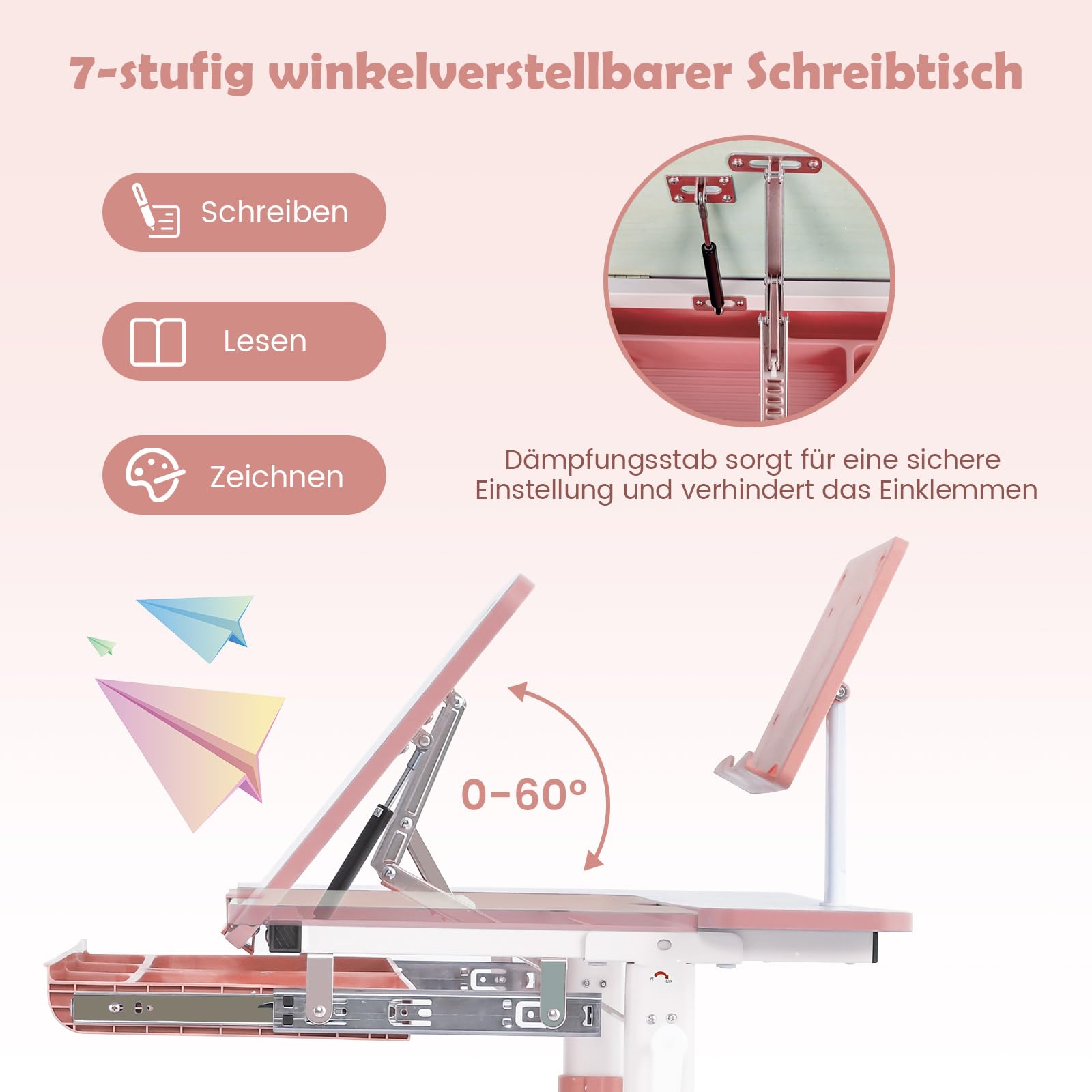 COSTWAY Kinderschreibtisch 51-73cm Höhenverstellbar, Schülerschreibtisch mit neigbarer Tischplatte, Bücherständer, Schublade & Messlineal, ergonomischer Jugendschreibtisch für 3-12 Jahre Kinder (Rosa)