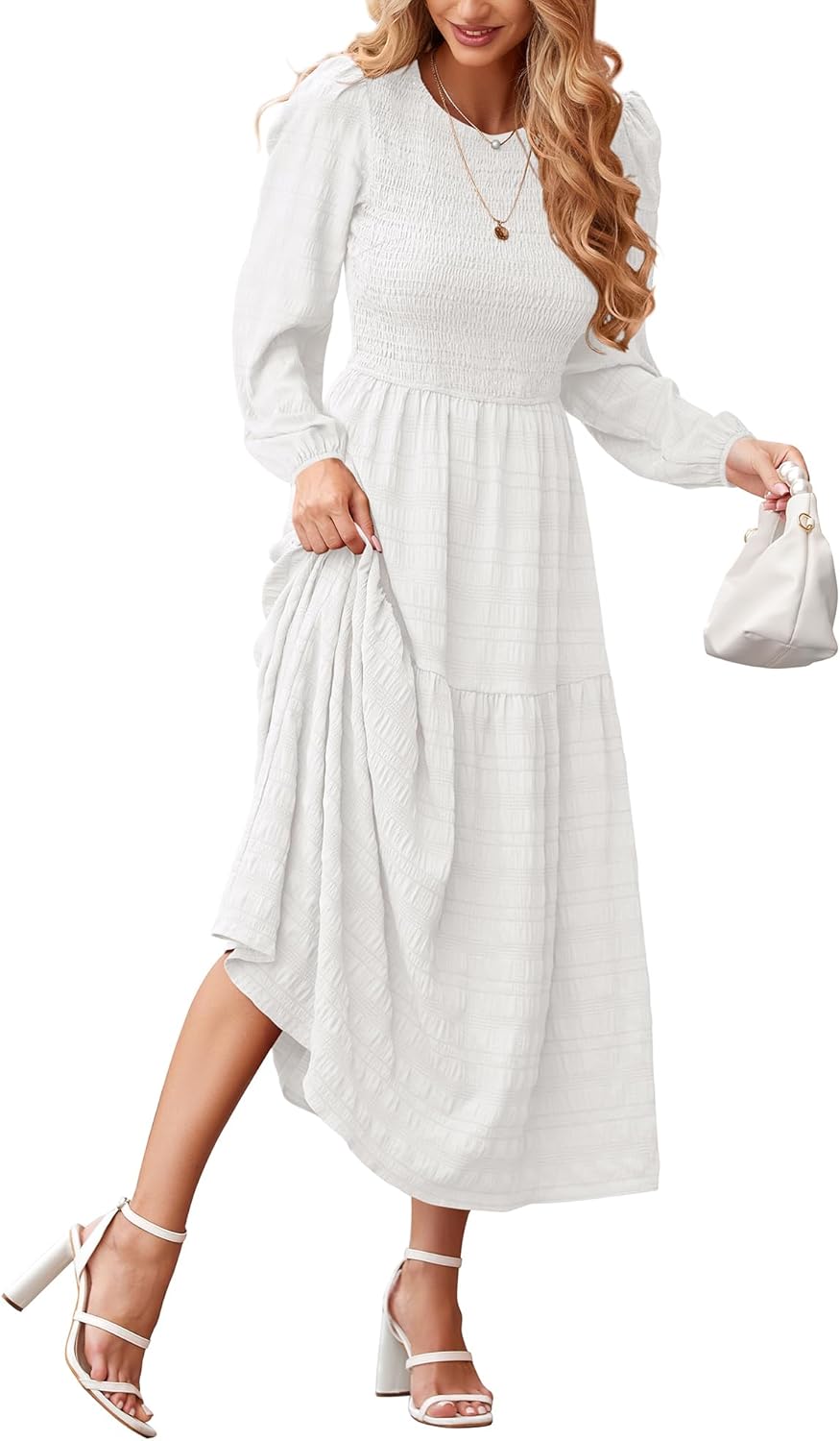 dowerme Women's Dresses 2025 Fall Puff Long Sleeve Crewneck Smocked Tiered Flowy A-Line Boho Wedding Party Maxi Dress