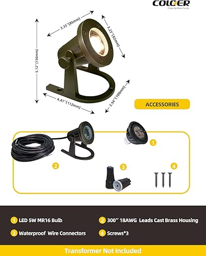 Miniatura 4 de COLOER Luces subacuáticas de latón (bronce) con bombilla LED MR16 de 12 V, luces de fuente de bajo voltaje, IP68, impermeable, cobre, iluminación de