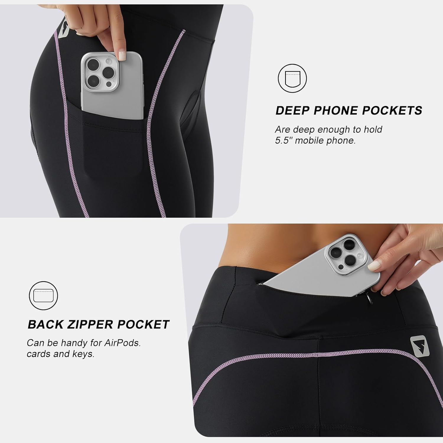 レディースサイクリングパンツ 3Dパッド入り圧縮タイト、ワイドウエストバンド付きロングバイク自転車パンツ, ライラックライン, XX