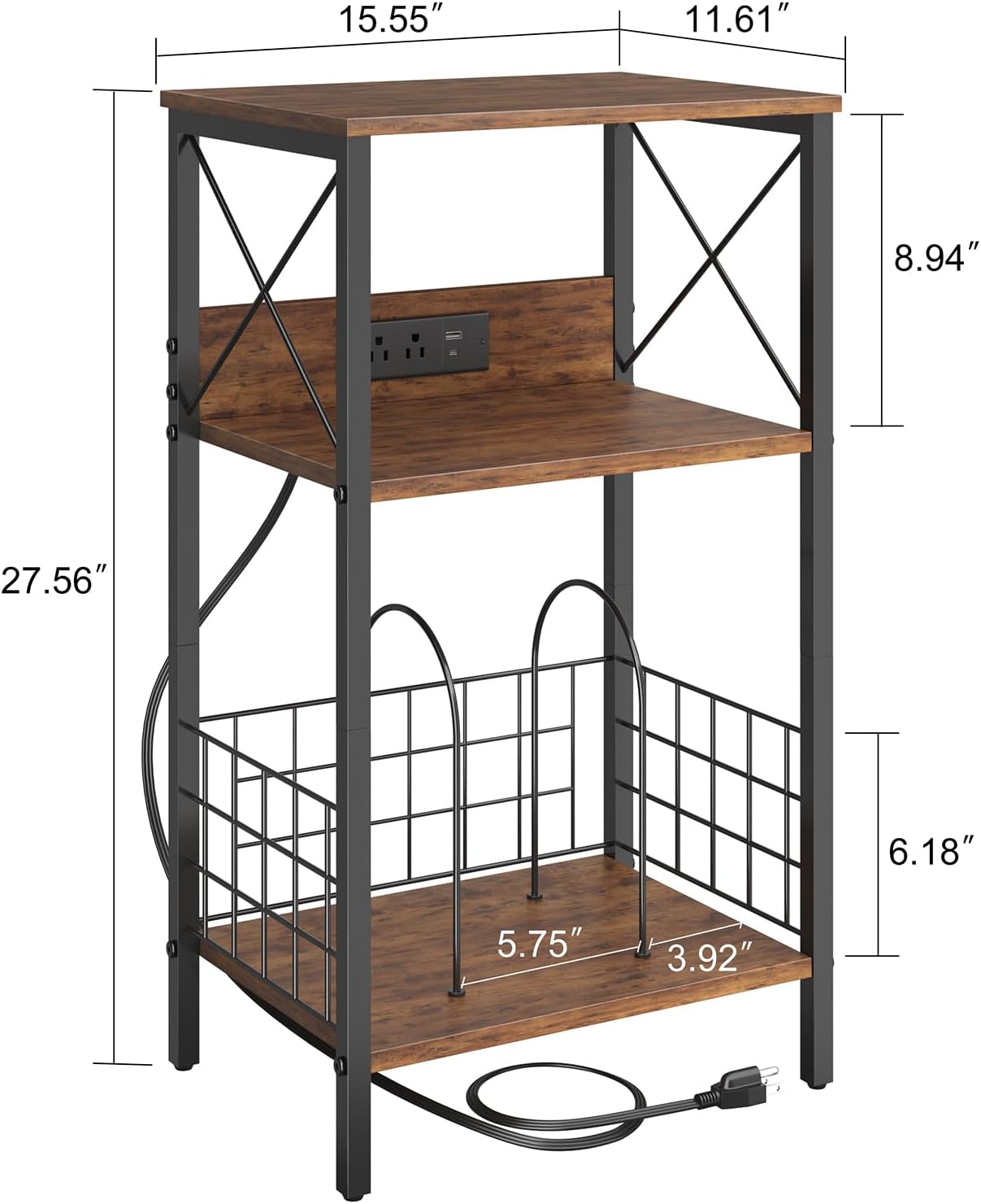 Sthmec 3 Tiers End Table with Charging Station, LED Side Small Table Turntable for Vinyl Storage, Records Player Stand for Albums, Vinyl Holder Shelf Tables for Living Room, Bedroom Rustic Brown