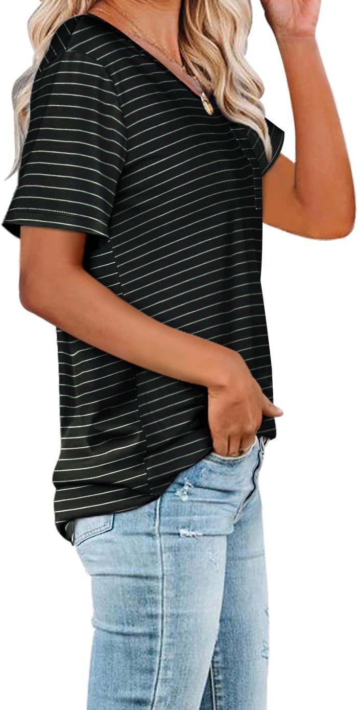 WIHOLL Women Summer T Shirts Short Sleeve Rounded V Neck Pocket Tee Tops - Image 2