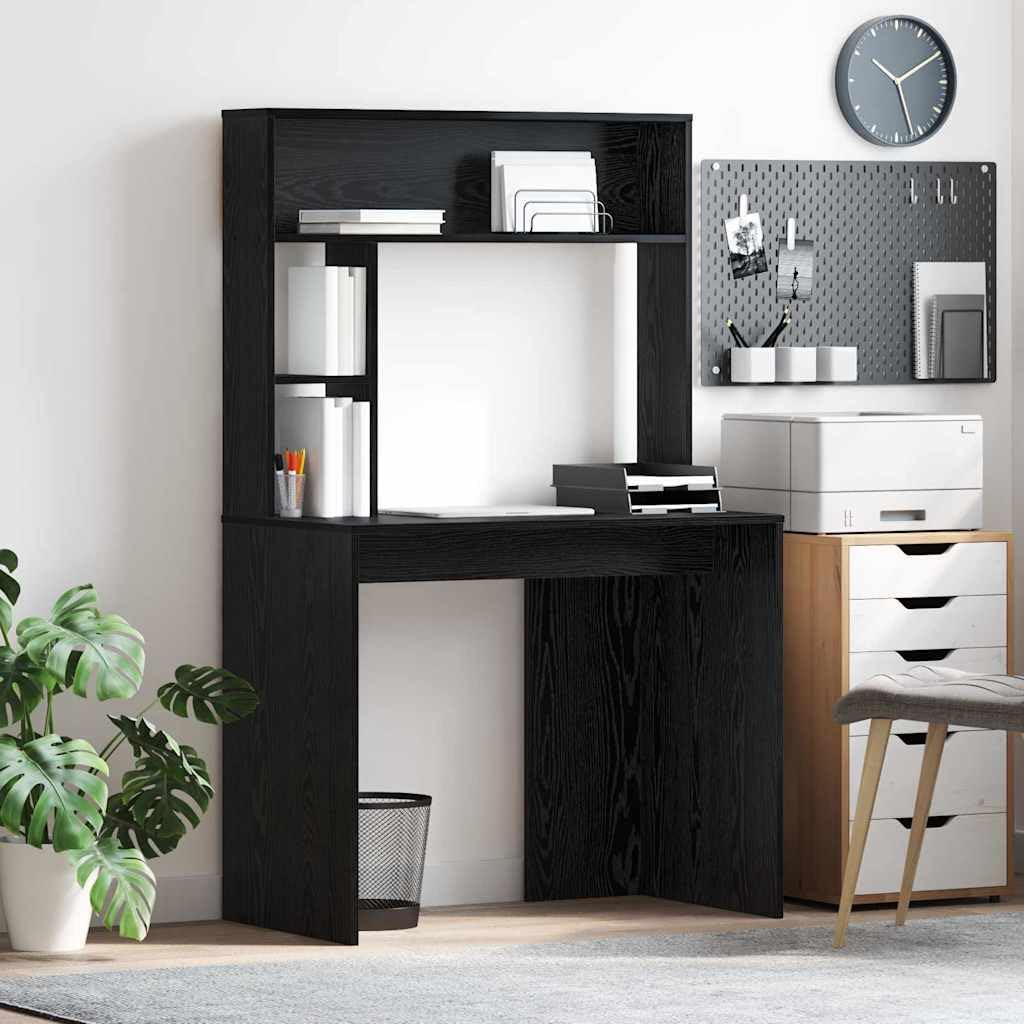 Scrivania con mensola, colore nero, effetto rovere, 91 x 50 x 149 cm, materiale in legno, moderna scrivania per computer per casa, ufficio, giochi, apprendimento, con spazio di archiviazione