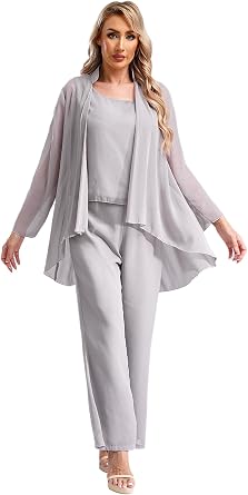 Womens Chiffon Lace 3 Pieces Pants Suits Mother of Bride Dress Sets Wedding Guest Outfit Evening Gowns