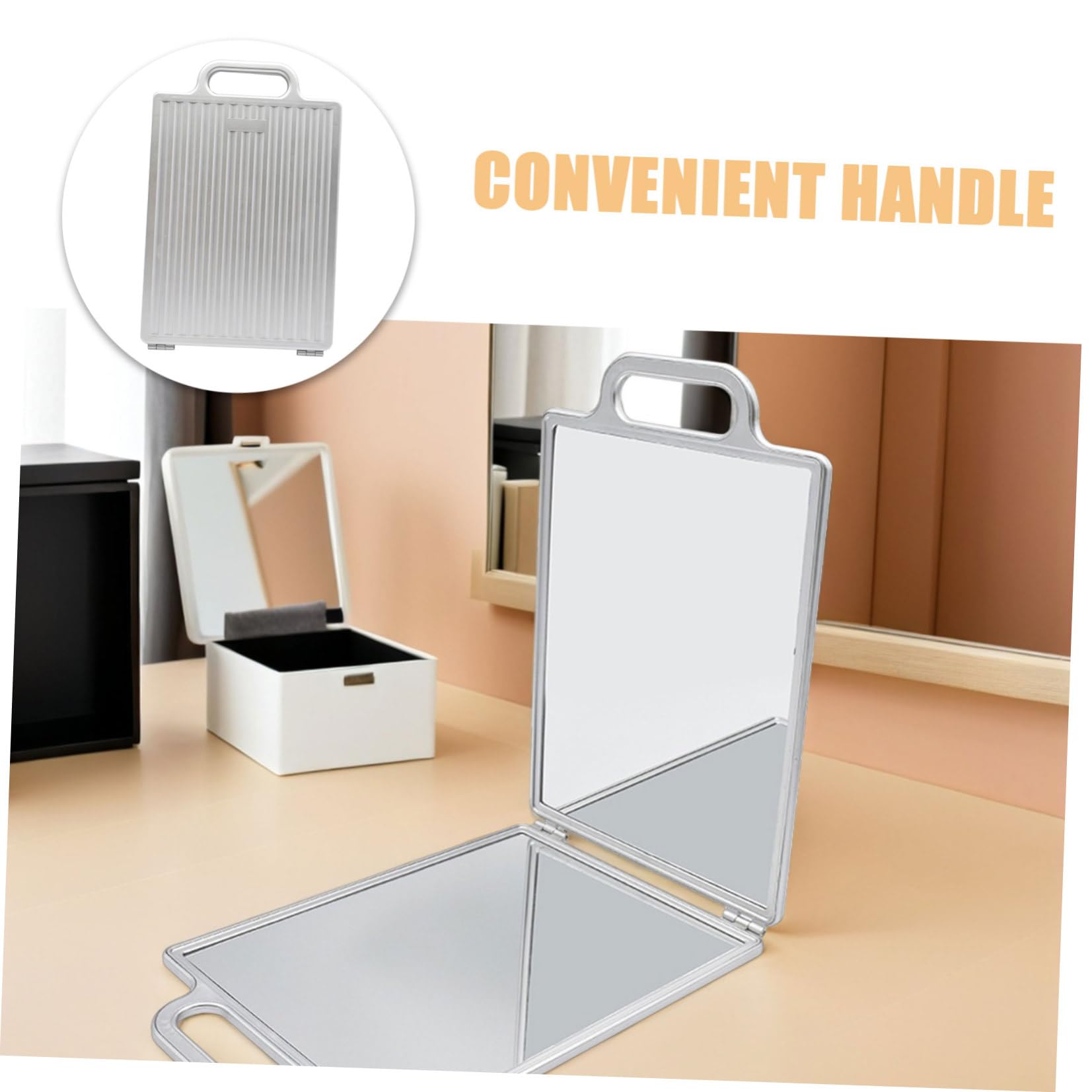 Uonlytech Specchio da Toeletta Portatile Vetro Antigraffio Doppia Faccia con Manico Doppio Argento per Taglio Chioma e Rasatura Professionale