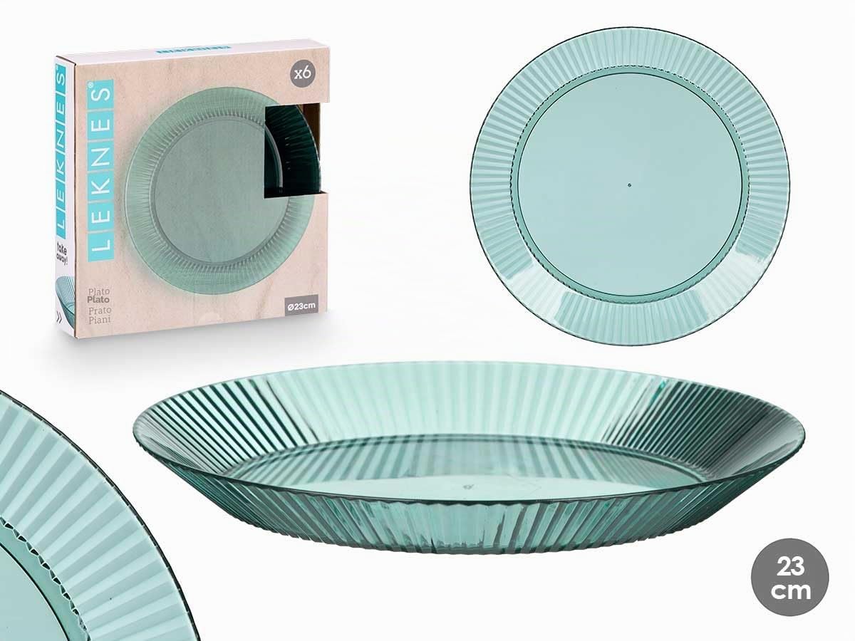 Platos de Plástico Reutilizables, 23 cm, Set de 6, Diseño Rayado, Transparentes, para Fiestas, Barbacoa, Jardín (Verde)