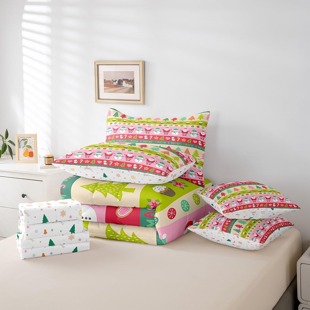 Feelyou Cartoon Christmas 7 Piece Bedding Set, for Kids Boys Girls Santa Claus Snowman Comforter Cover Pink Xmas Theme Duvet Bedroom Decor Tree Bedspread Twin Size Collection