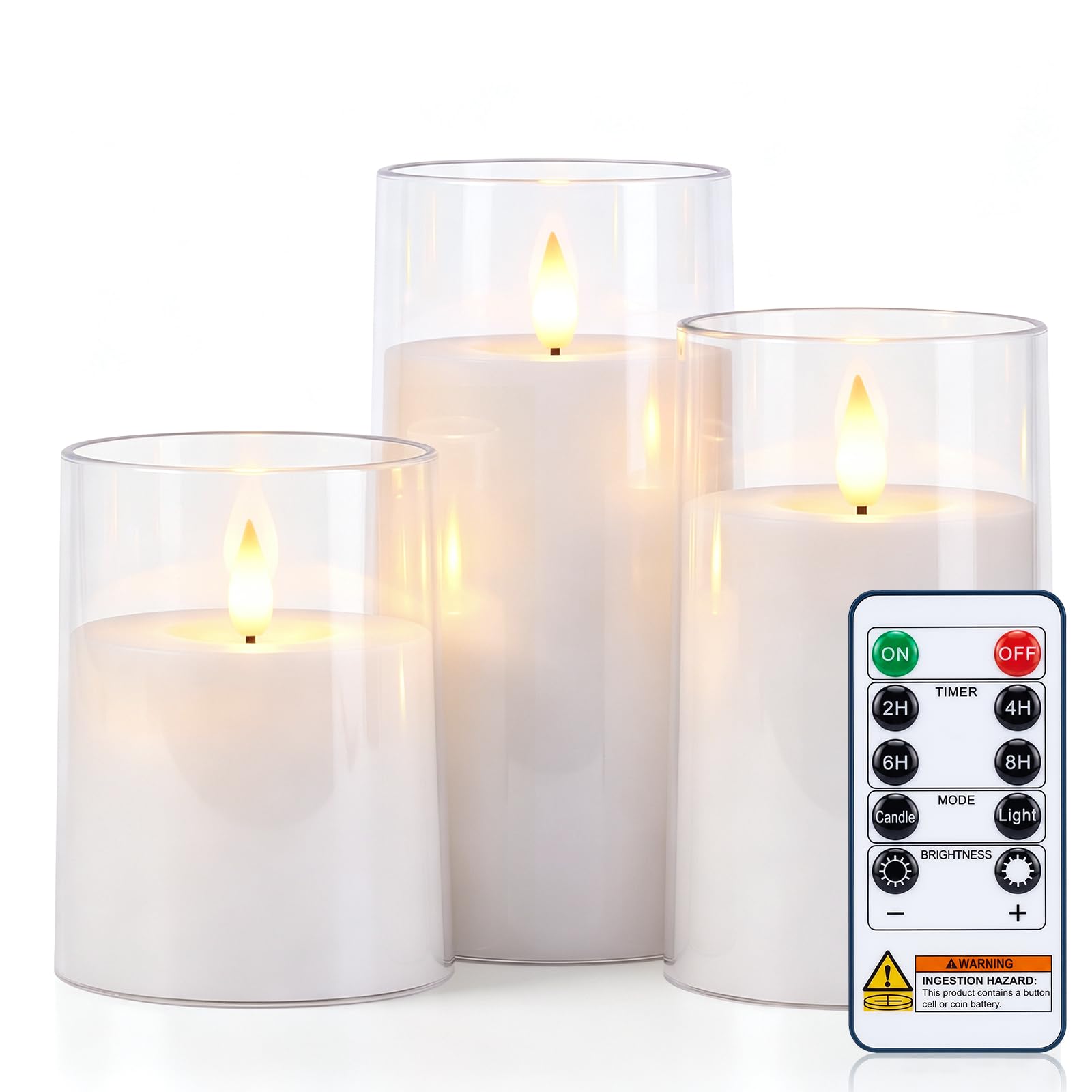 AMAGIC Candele senza fiamma tremolanti in acrilico bianco, candele a LED, candele a batteria, con telecomando e timer, candele elettriche finte, pilastro, decorazione per la casa, set di 3