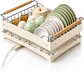 Köksdisktorkställ, rostfritt stål diskställ med trähandtag, 2-nivåers diskdränering med utdragbar dräneringspip för bänkskiva