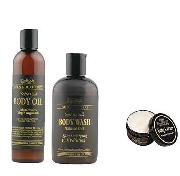 The Roots Naturelle Luxury Body Care Set, Chocolate Body Wash, Argan Oil Body Oil, Ultra Hydrating Body Cream with Shea Butter and Jojoba Oil, 3 Piece Gift Set, Unisex