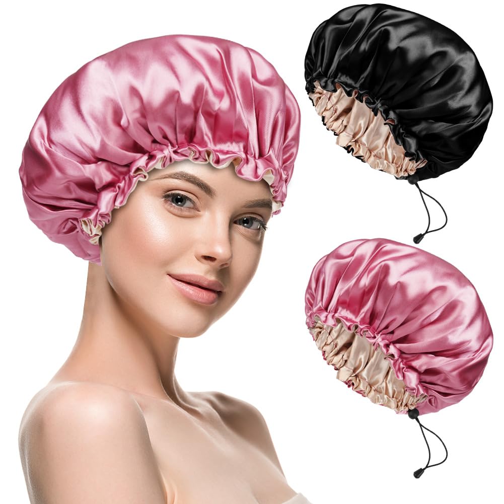 Flintronic Satin Sleep Cap, Adjustable Sleep Bonnet, Silky Bonnet Bath Cap for Women Night Sleep Hat for Long Curly Hair All Hair