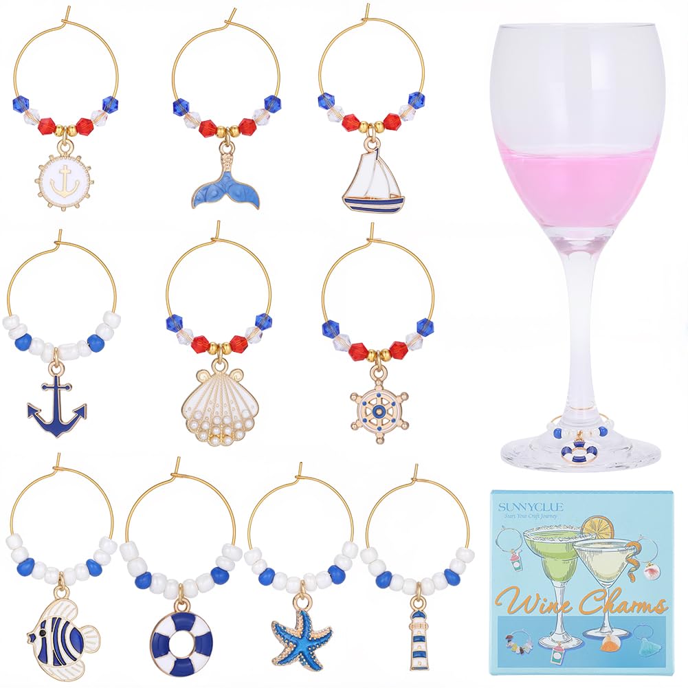 SUNNYCLUE 1 Box 10 Styles Summer Theme Wine Charms Ocean Glass Wine Charm Bulk Sea Blue Alloy Animal Dolphin Bead Hawaii Shell Starfish Identifier Drinks Tags for Stem Glasses Decors Tasting Party